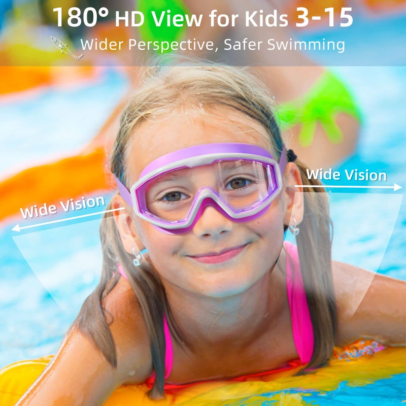 Freela Swim Goggles for Kids 6-14 4-7 8-12 3-6 2-4 3-5 3-10 4-8, Boys Girls Swimming Goggles Anti Fog UV Protection Waterproof No Leaking, Toddler Water Clear Beach Pool Goggles, light Blue & Purple - Image 2
